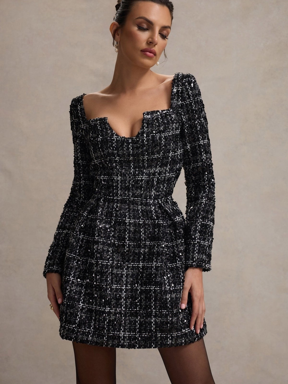 Club L London Black Plaid Tweed Sweetheart Mini Dress